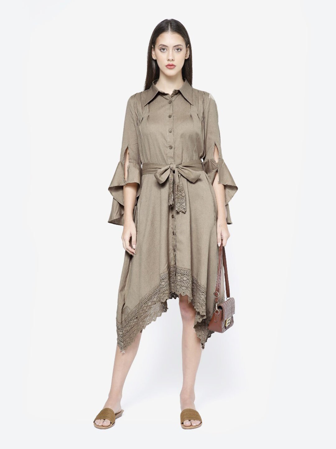 

SAMMYUKK Bell Sleeve Shirt Midi Dress, Beige