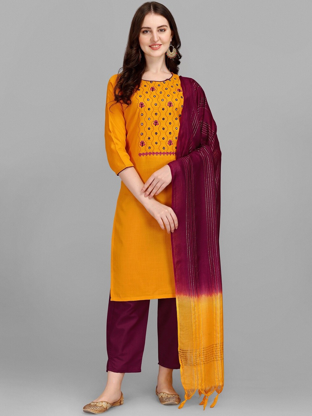

S.K.C Ethnic Motifs Yoke Design Mirror Work Straight Kurta With Trousers & Dupatta, Yellow