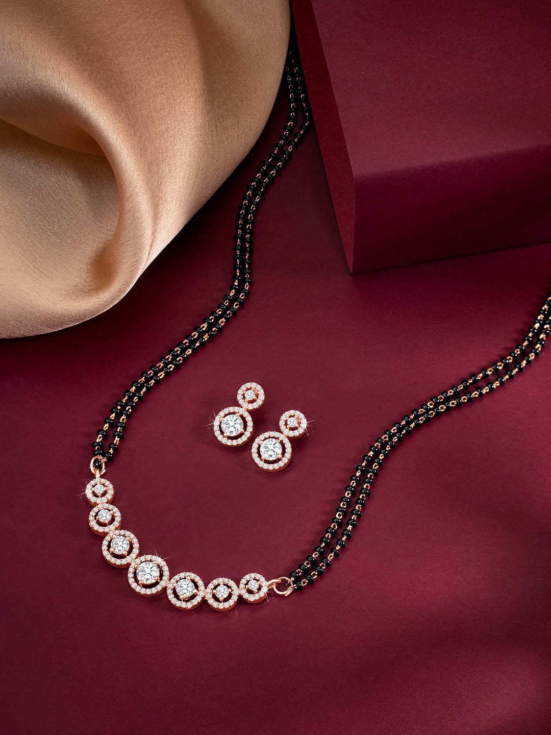

Peora Rose Gold-Plated Cubic Zirconia Studded and Beaded Mangalsutra