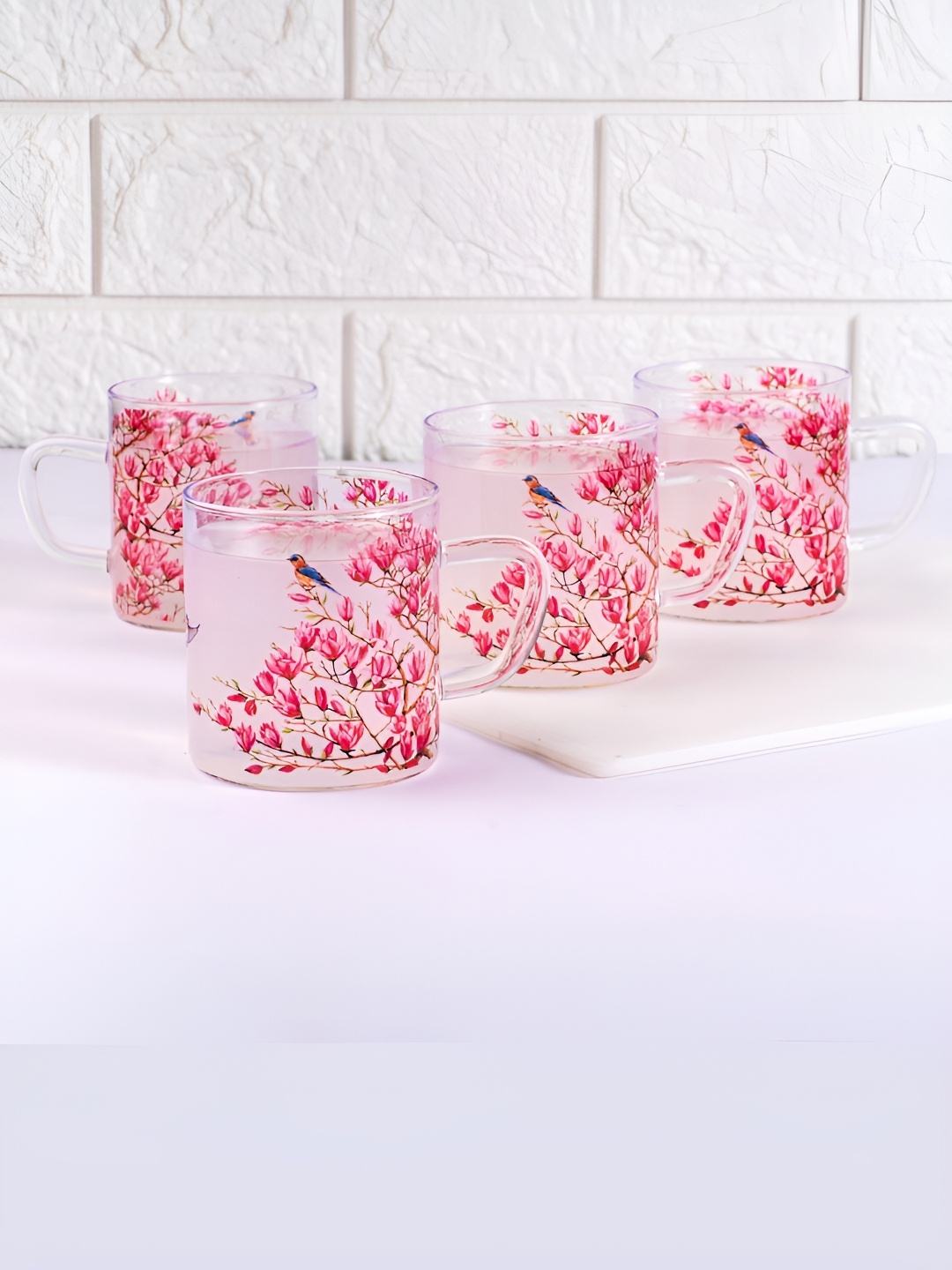 

Strokes by Namrata Mehta Pink 4 Pcs Floral Printed Glass Transparent Mugs