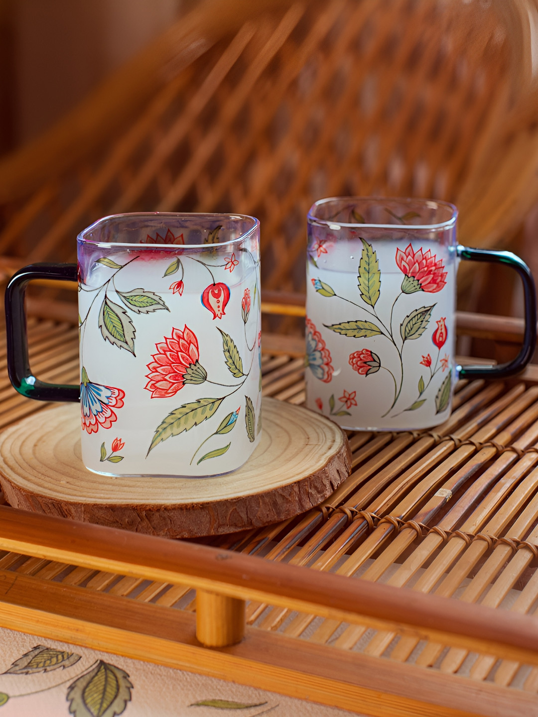

Strokes by Namrata Mehta Green 2 Pcs Floral Printed Glass Transparent Mugs