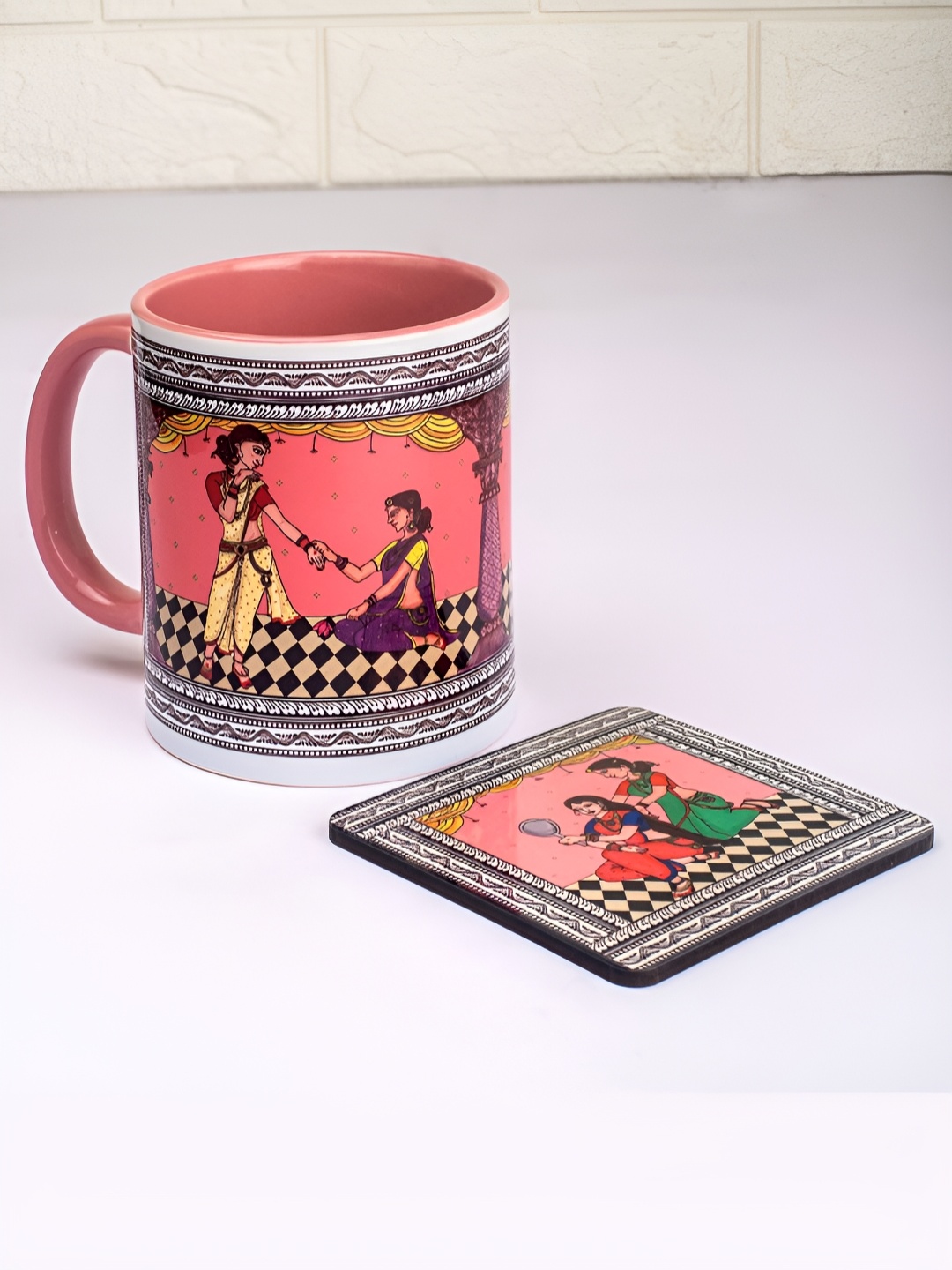 

Strokes by Namrata Mehta Pink Ethnic Motifs Printed Ceramic Glossy Mug with Coaster