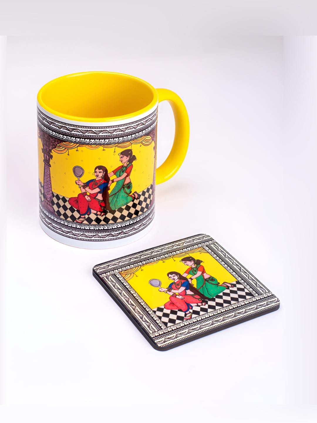 

Strokes by Namrata Mehta Yellow Ethnic Motifs Printed Ceramic Glossy Mug with Coaster
