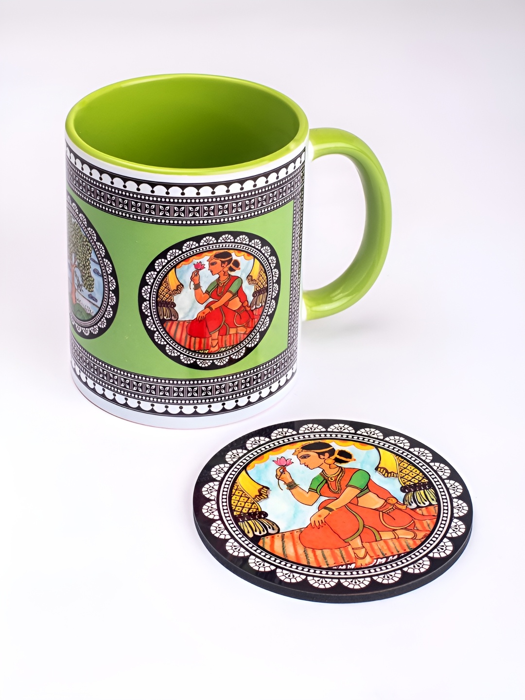 

Strokes by Namrata Mehta Green Ethnic Motifs Printed Ceramic Glossy Mug with Coaster