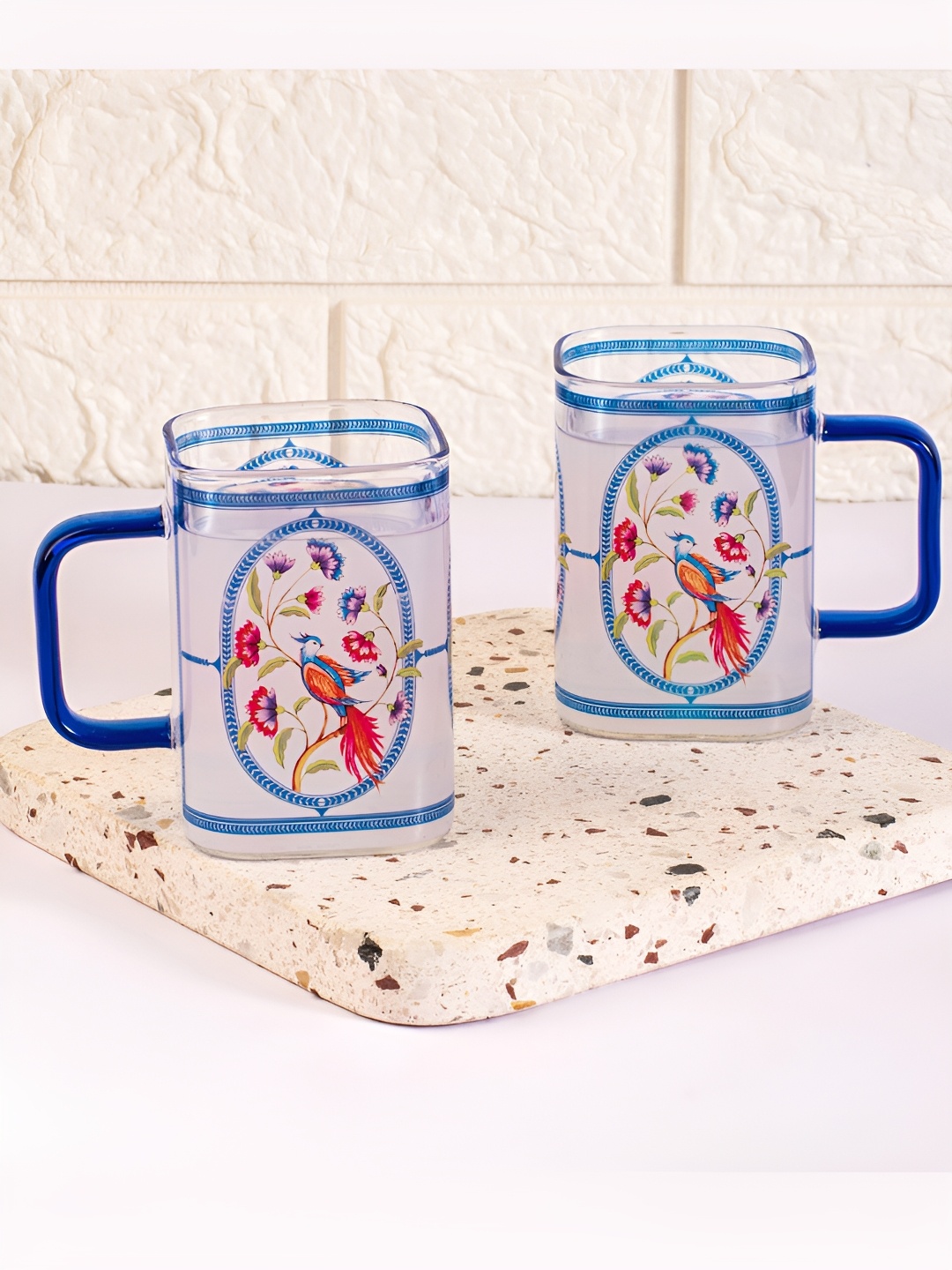 

Strokes by Namrata Mehta Blue Floral 2 Pcs Printed Glass Transparent Mugs