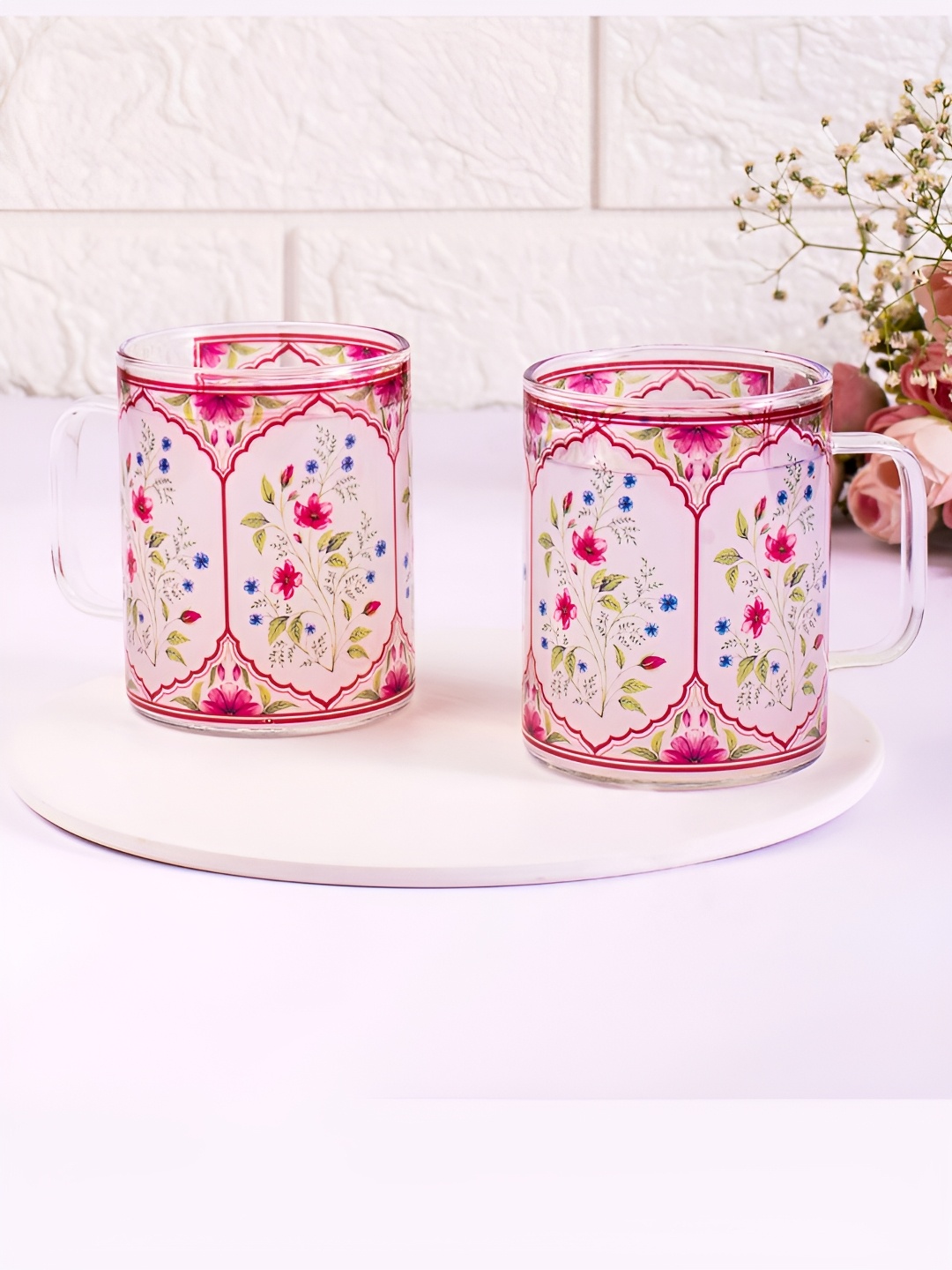 

Strokes by Namrata Mehta Pink 2 Pcs Floral Printed Glass Transparent Mugs