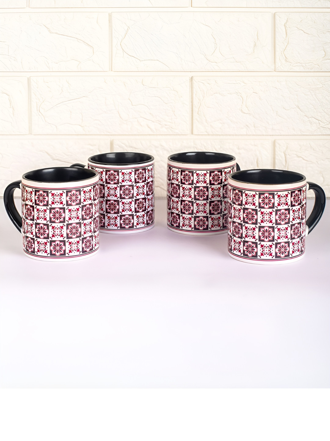 

Strokes by Namrata Mehta White & Pink 4 Pcs Ethnic Motifs Printed Ceramic Glossy Mugs