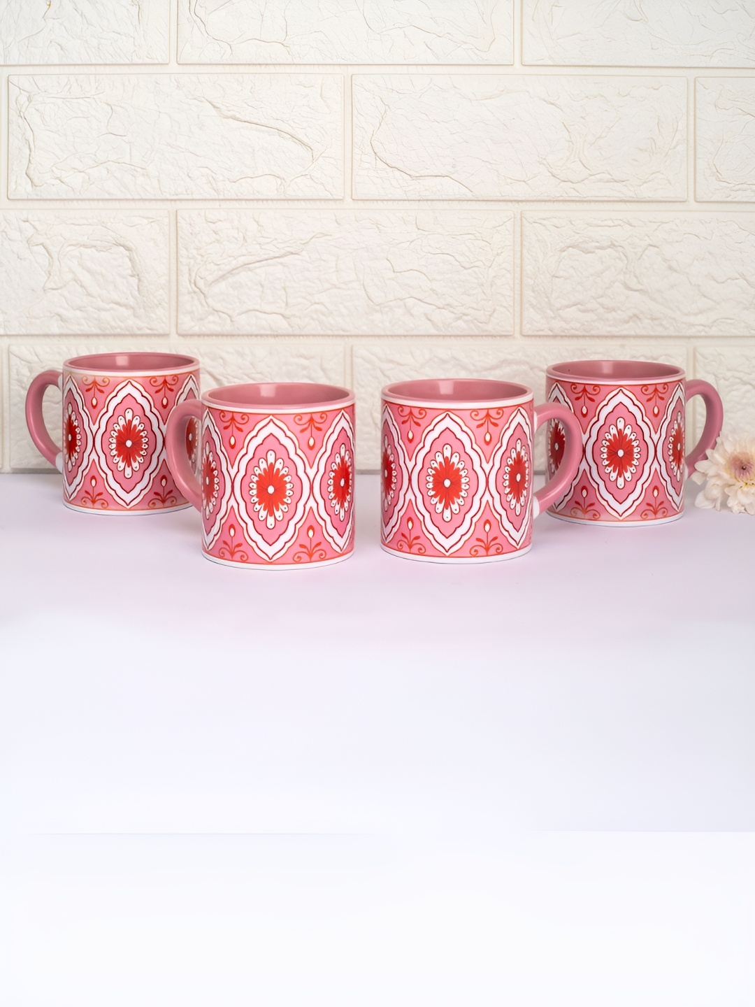 

Strokes by Namrata Mehta Pink 4 Pcs Ethnic Motifs Printed Ceramic Glossy Mugs