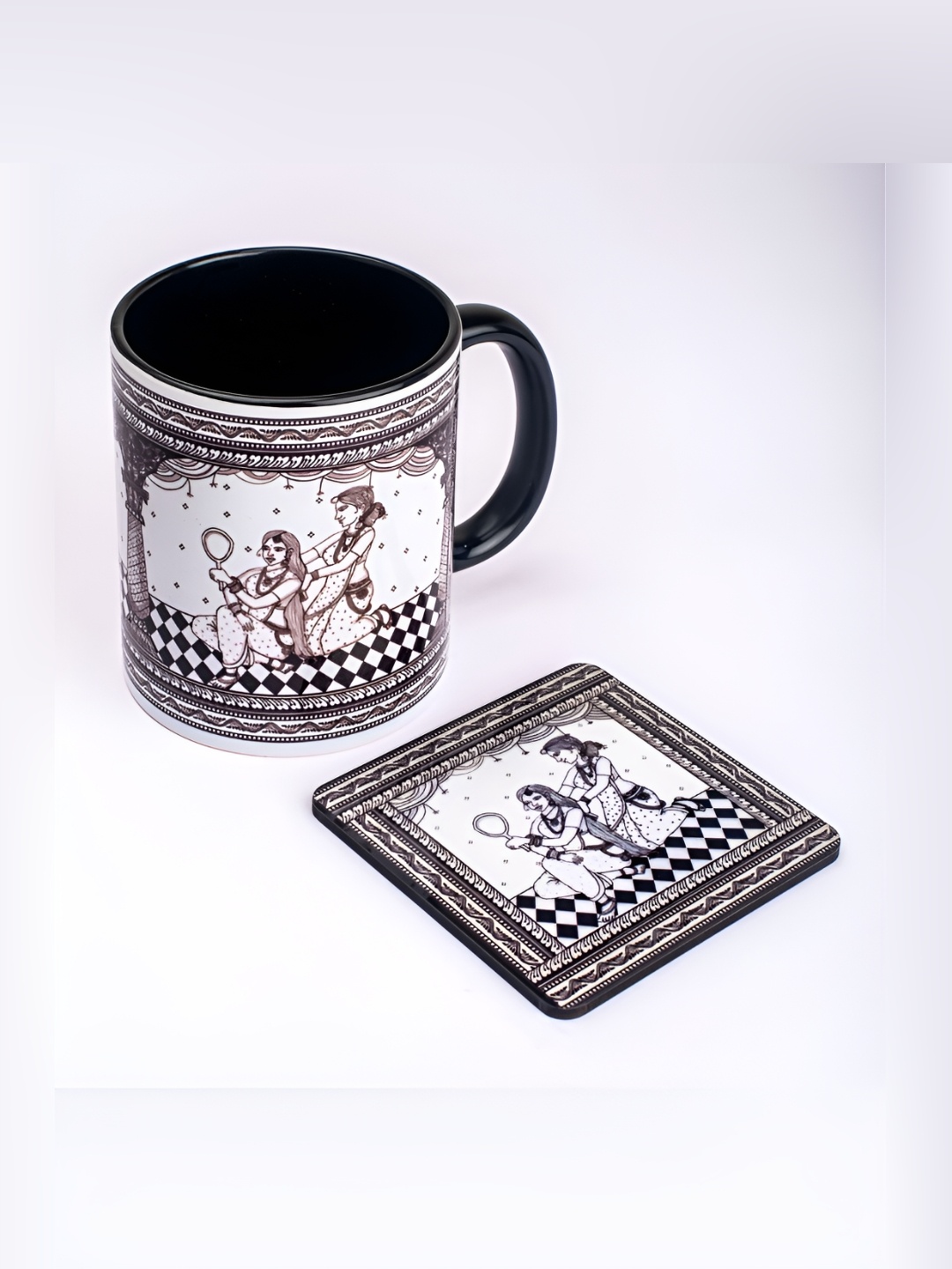 

Strokes by Namrata Mehta Black 4 Pcs Ethnic Motifs Printed Ceramic Glossy Mug with Coaster