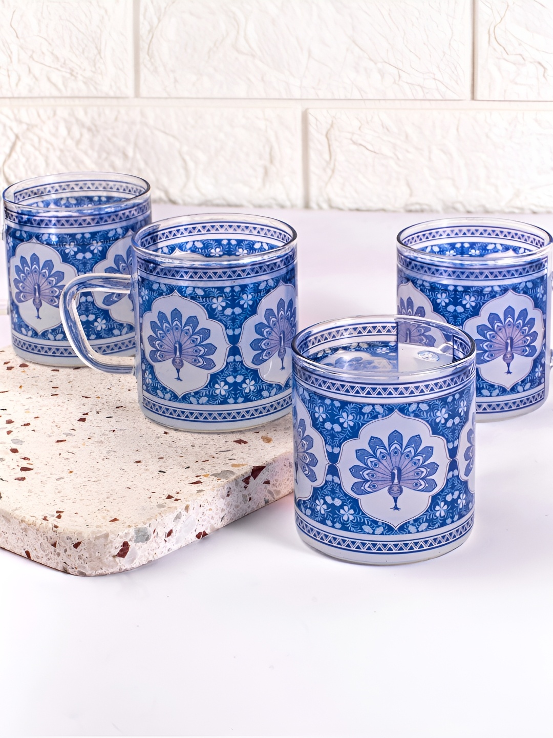 

Strokes by Namrata Mehta Blue 4 Pcs Floral Printed Glass Transparent Mugs