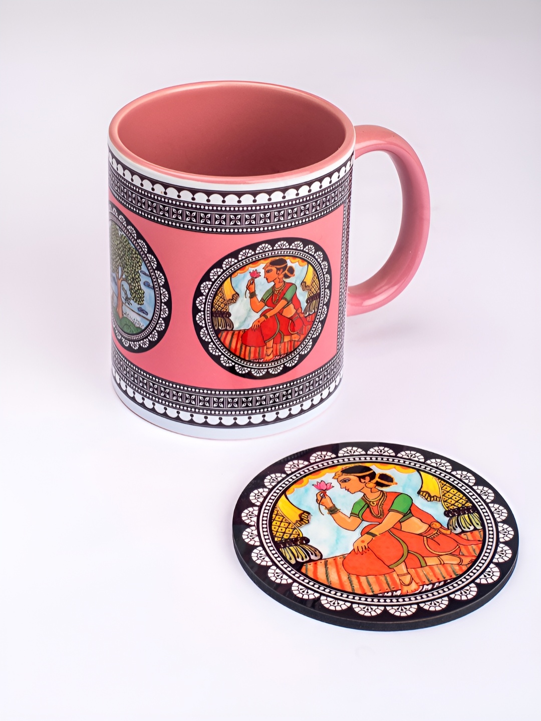 

Strokes by Namrata Mehta Pink & Black Printed Ceramic Glossy Mug With Coaster 350ml