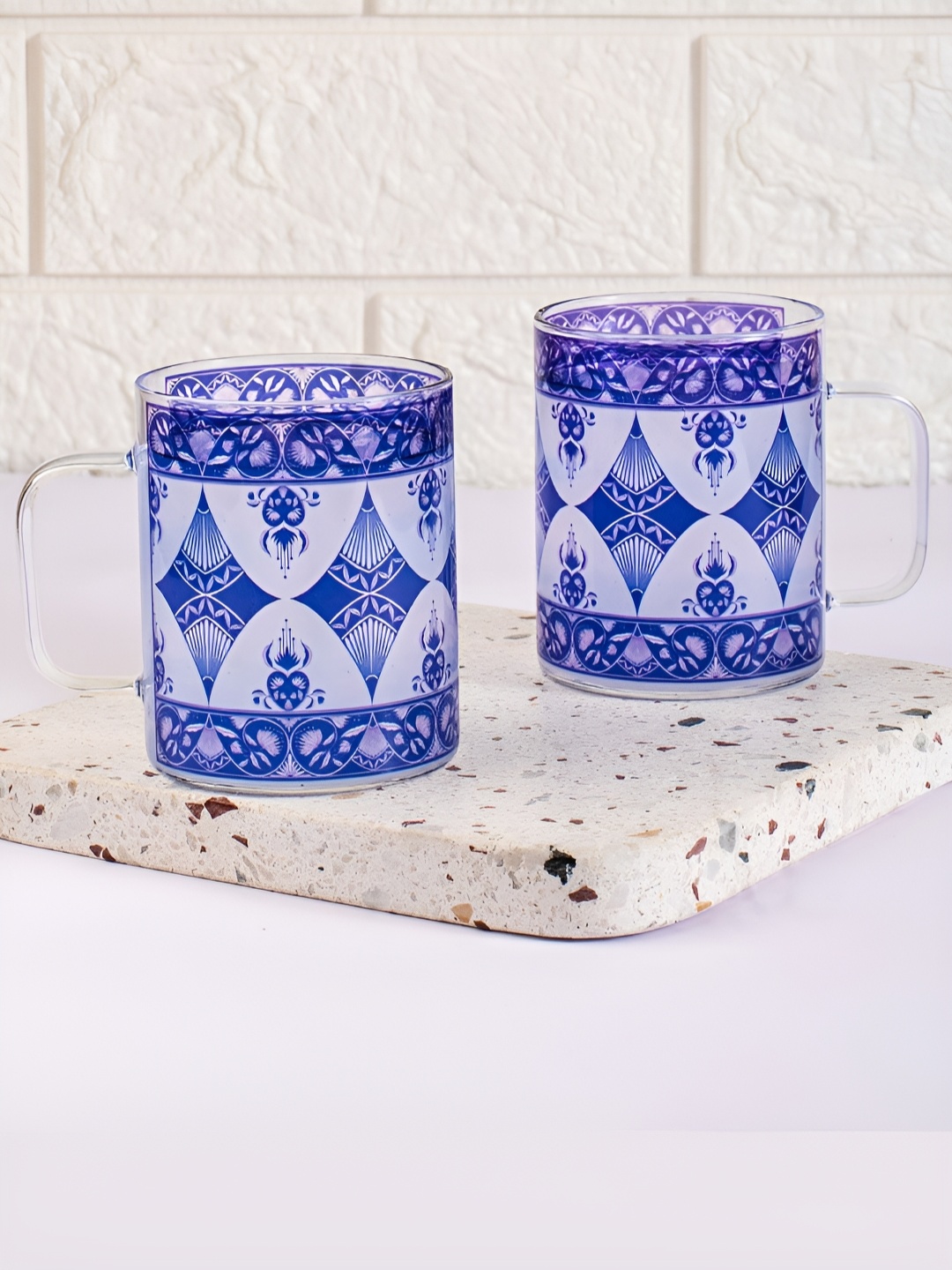 

Strokes by Namrata Mehta Blue 2 Pcs Floral Printed Glass Transparent Mugs