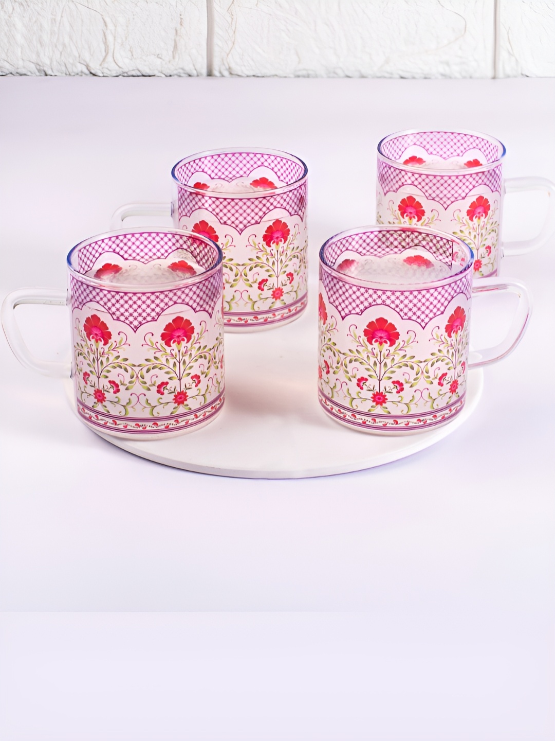

Strokes by Namrata Mehta Pink 4 Pcs Floral Printed Glass Transparent Mugs