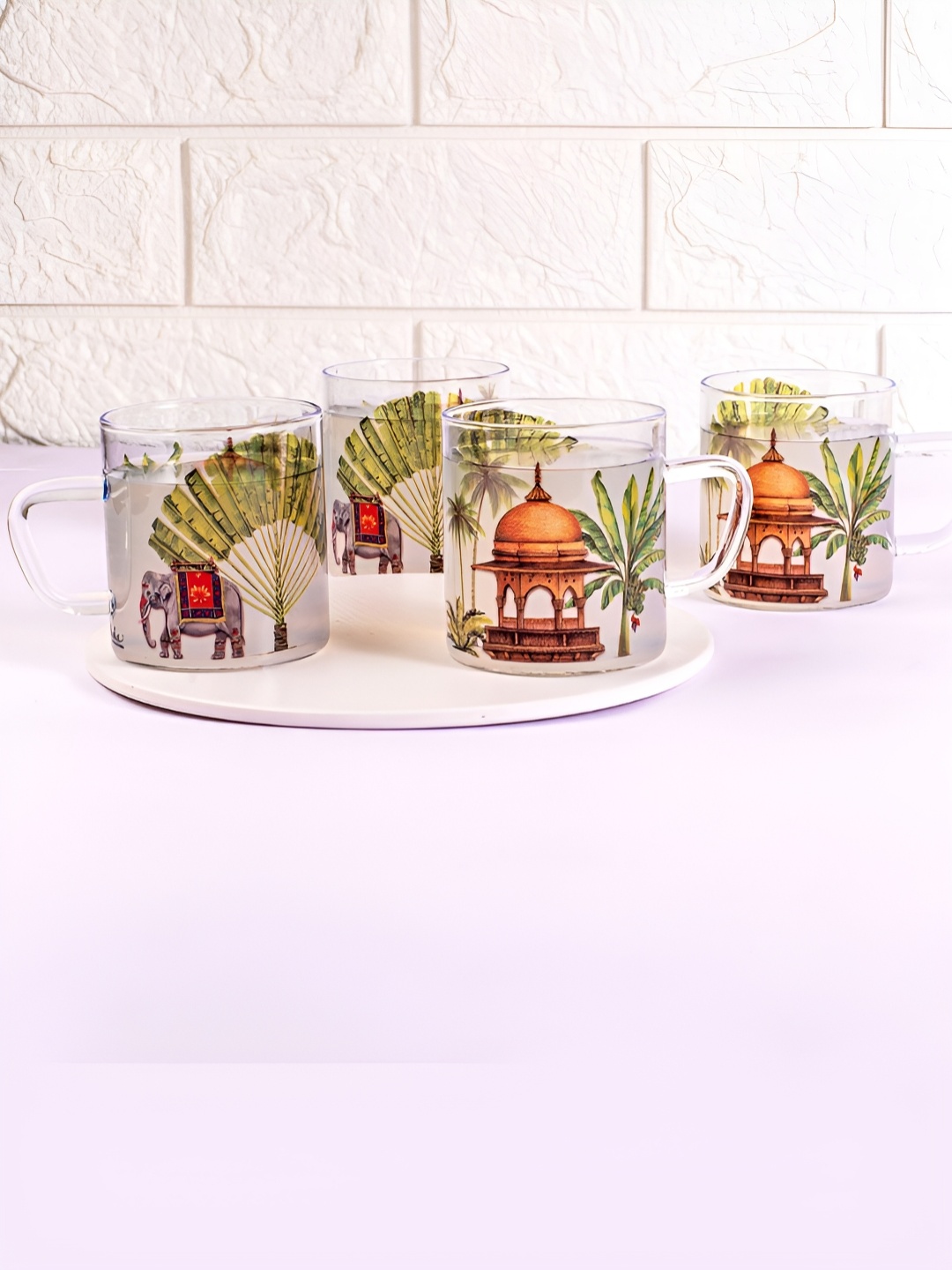

Strokes by Namrata Mehta Green 4 Pcs Floral Printed Glass Transparent Mugs