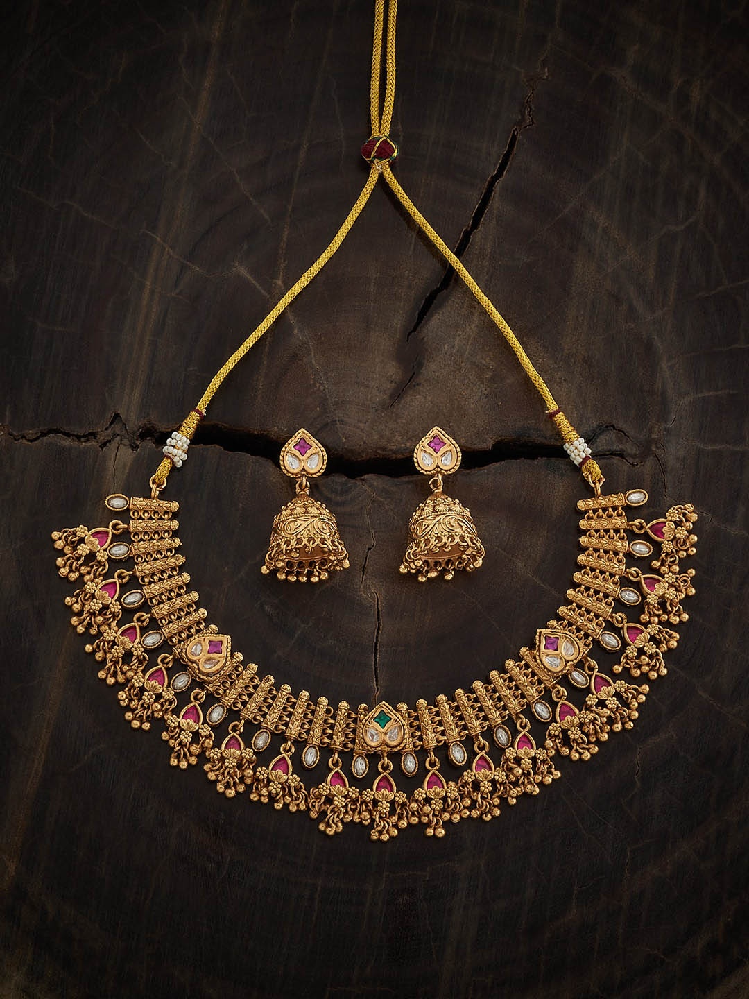 

Kushal's Fashion Jewellery Gold-Plated Stone Studded & Beaded Necklace & Earrings