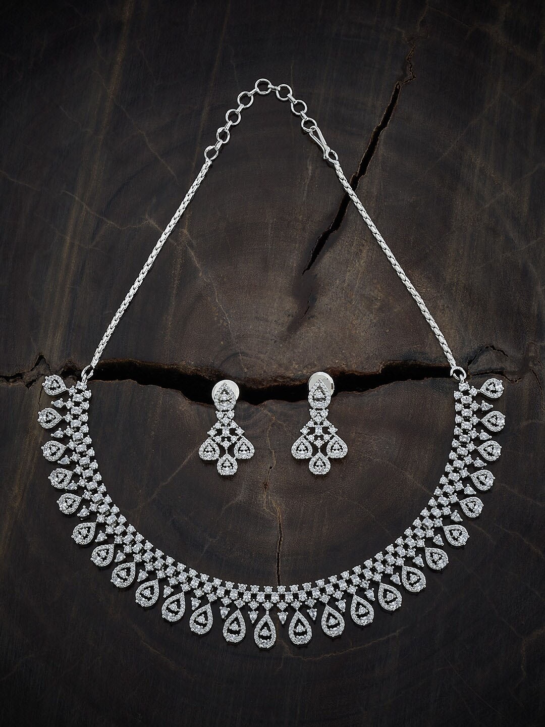 

Kushal's Fashion Jewellery Rhodium Plated CZ Studded Jewellery Set, Silver