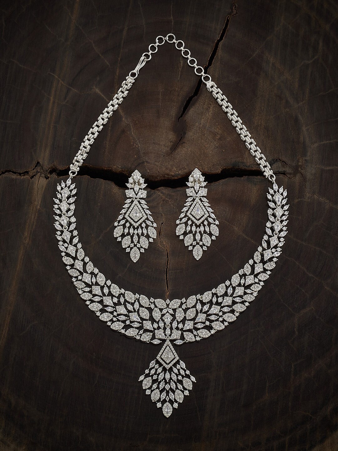 

Kushal's Fashion Jewellery Rhodium-Plated CZ Studded Necklace & Earrings, Silver