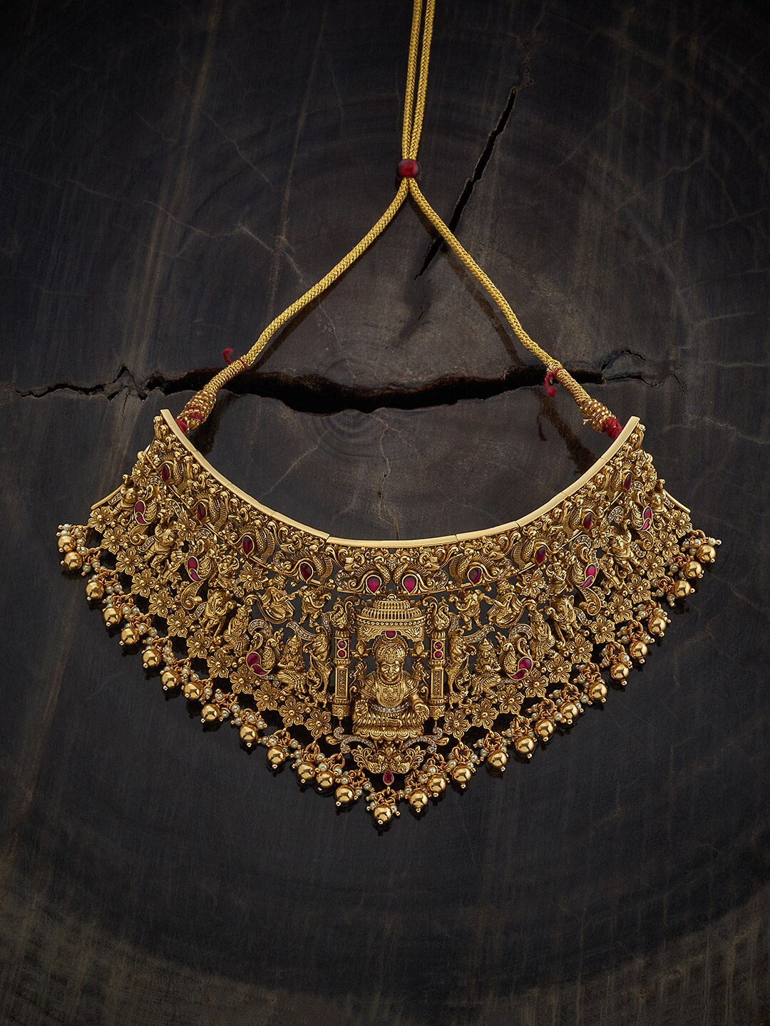 

Kushal's Fashion Jewellery 92.5 Silver Gold-Plated Stones Studded & Beaded Temple Necklace