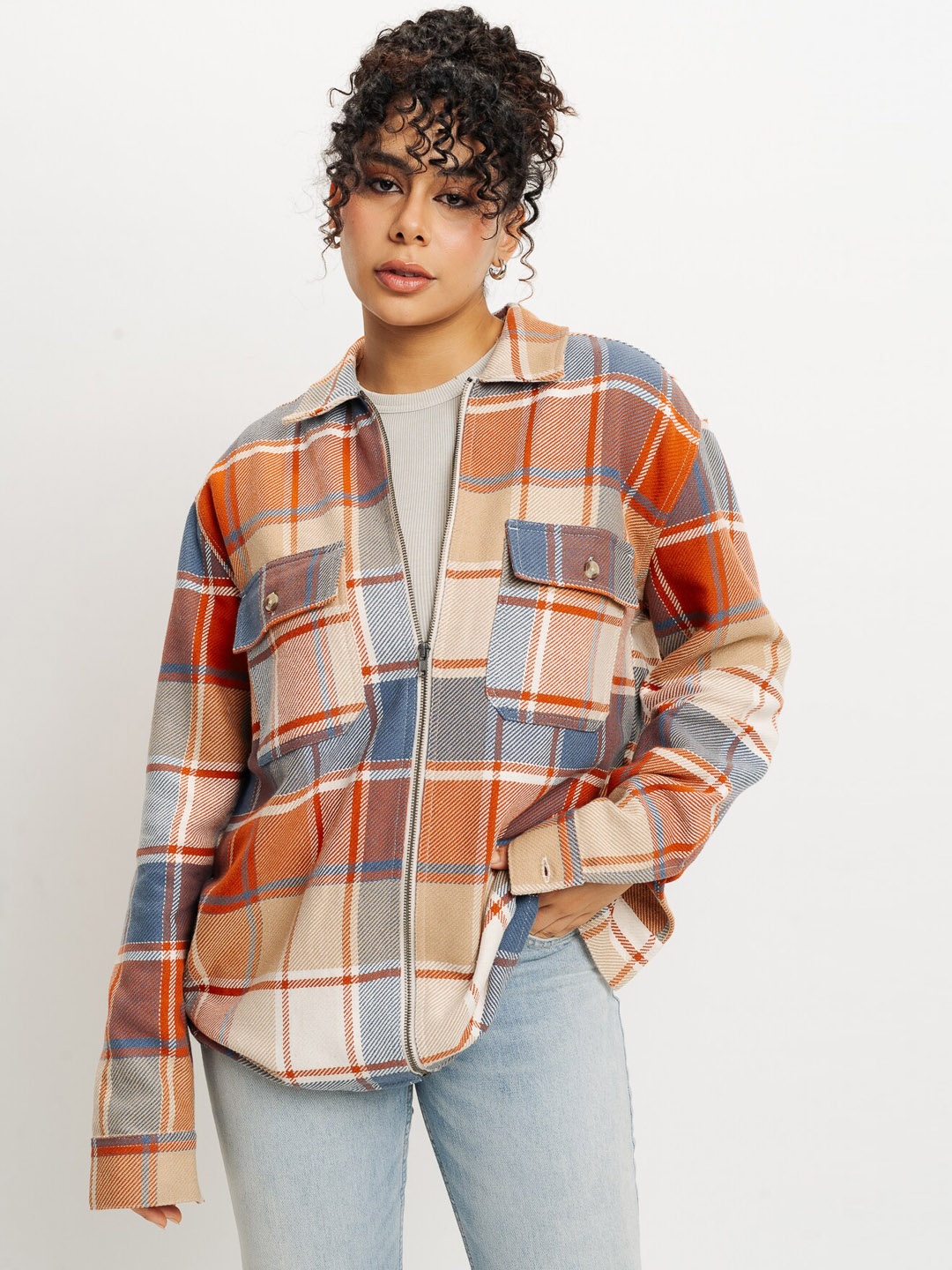 

FREAKINS Orange-Coloured Tartan Checks Spread Collar Long Sleeves Casual Shacket