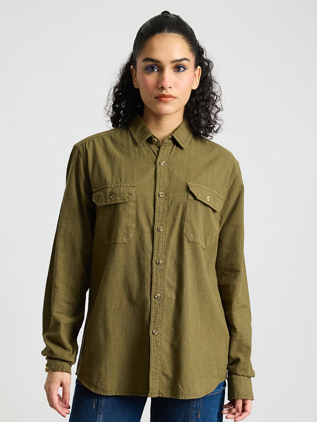 

FREAKINS Spread Collar Cotton Casual Shirt, Olive