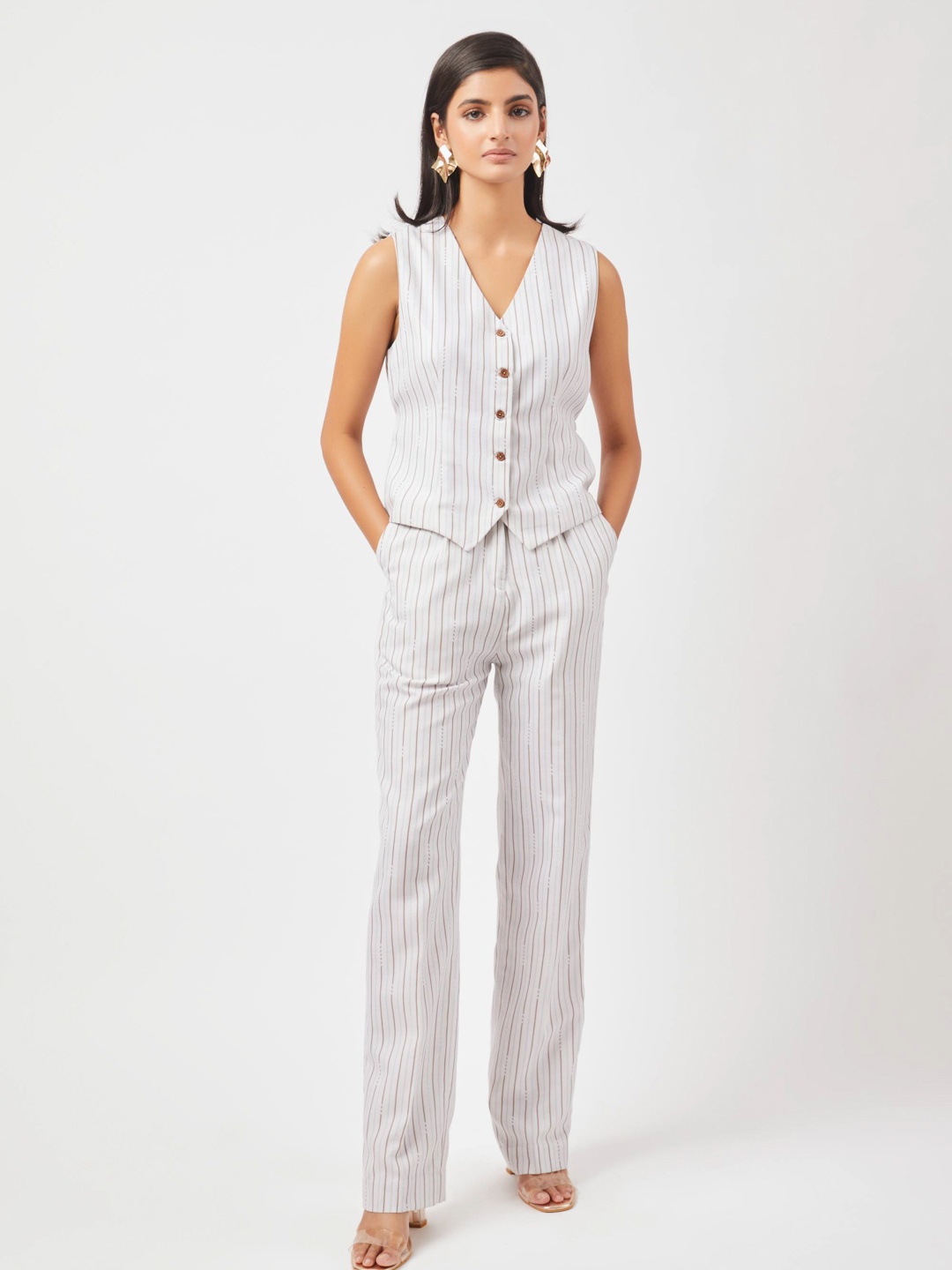 

Contemponari Striped V-Neck Woven Waistcoat, White