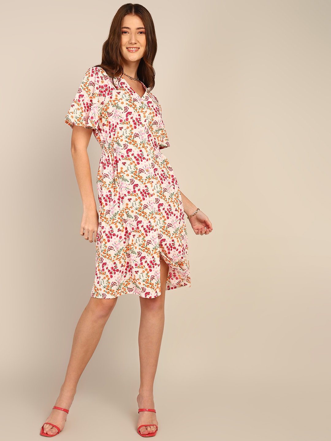 

DODO & MOA Floral Printed Flared Sleeve A-Line Dress, Beige