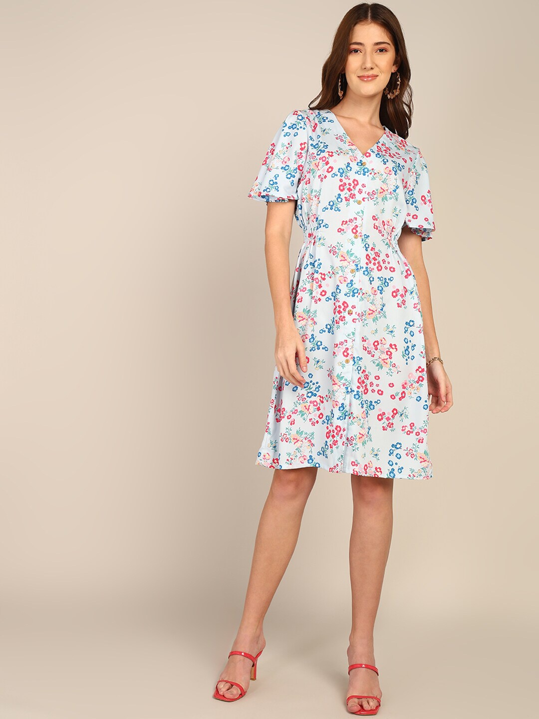 

DODO & MOA Floral Printed Flared Sleeve A-Line Dress, White