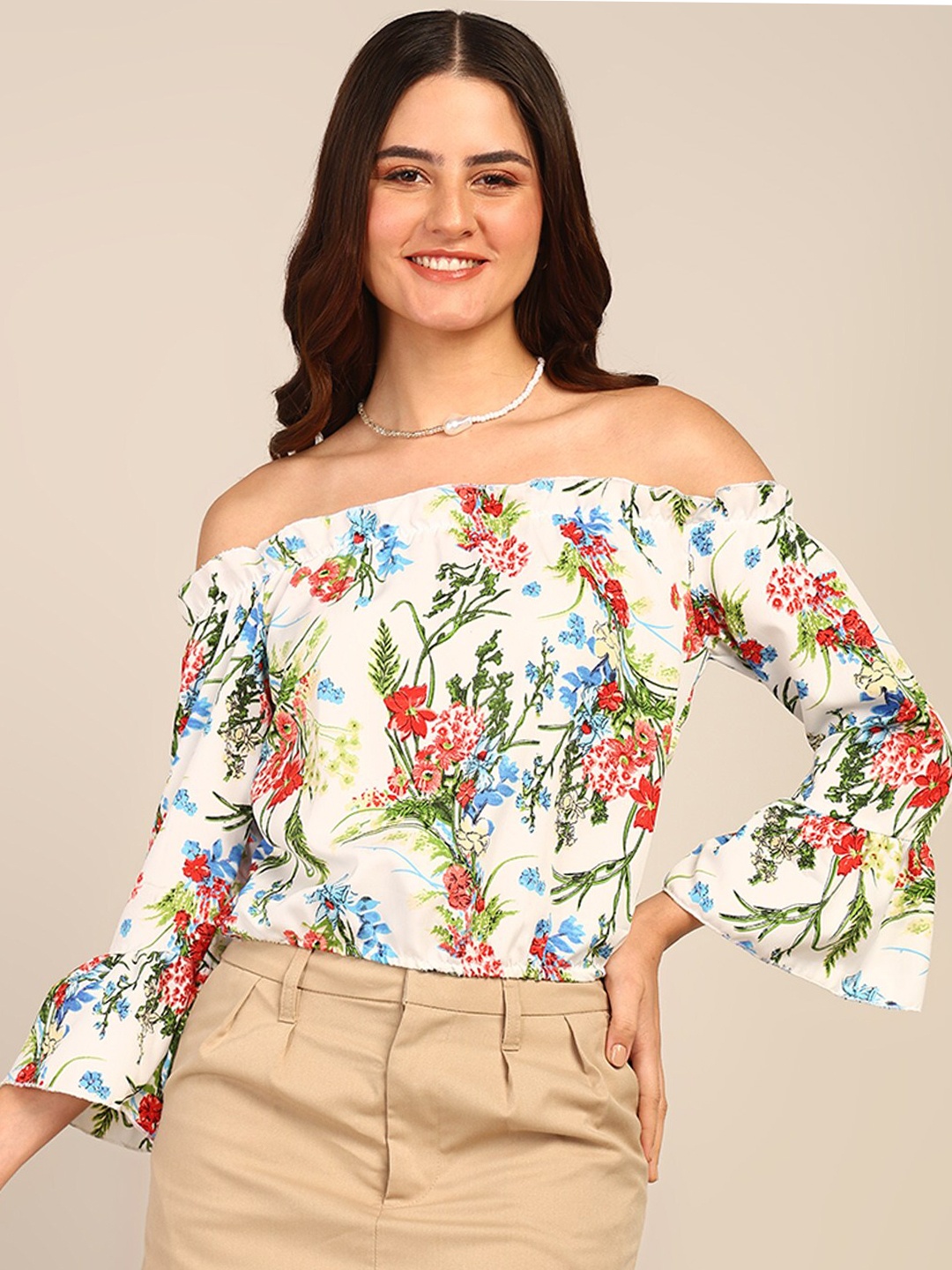 

DODO & MOA Floral Print Off-Shoulder Bell Sleeve Crepe Bardot Top, Multi