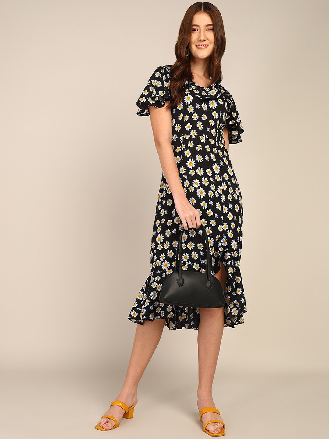 

DODO & MOA Floral Printed Flared Sleeve A-Line Dress, Black