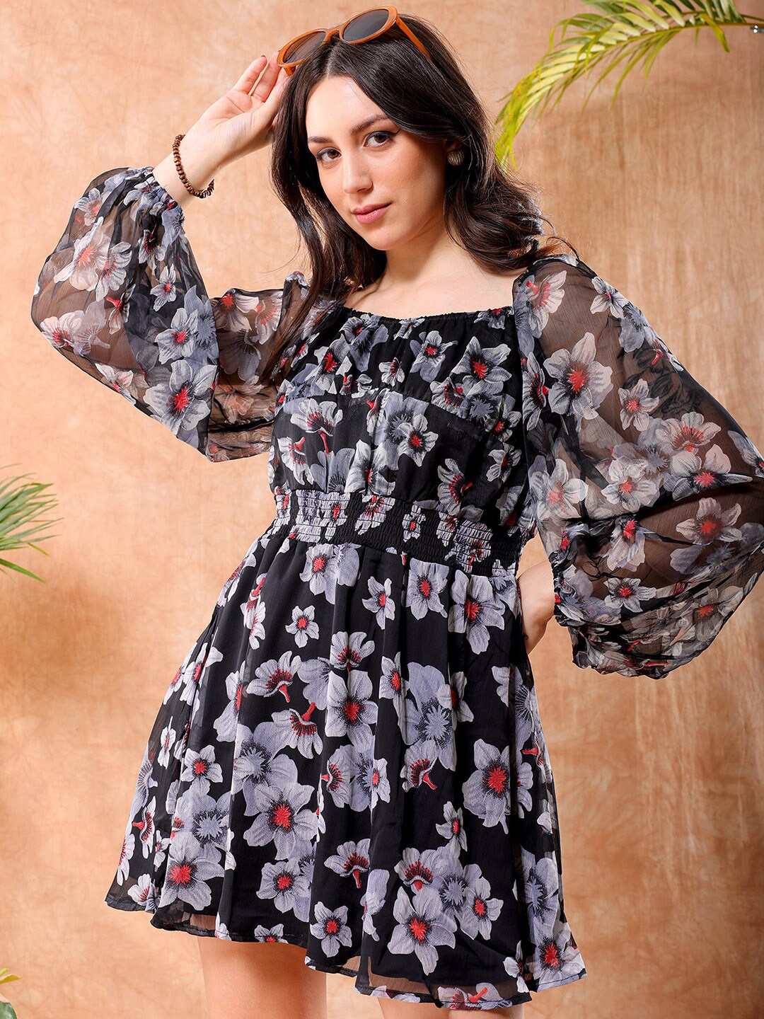 

Freehand by The Indian Garage Co Floral Print Puff Sleeve Fit & Flare Dress, Black