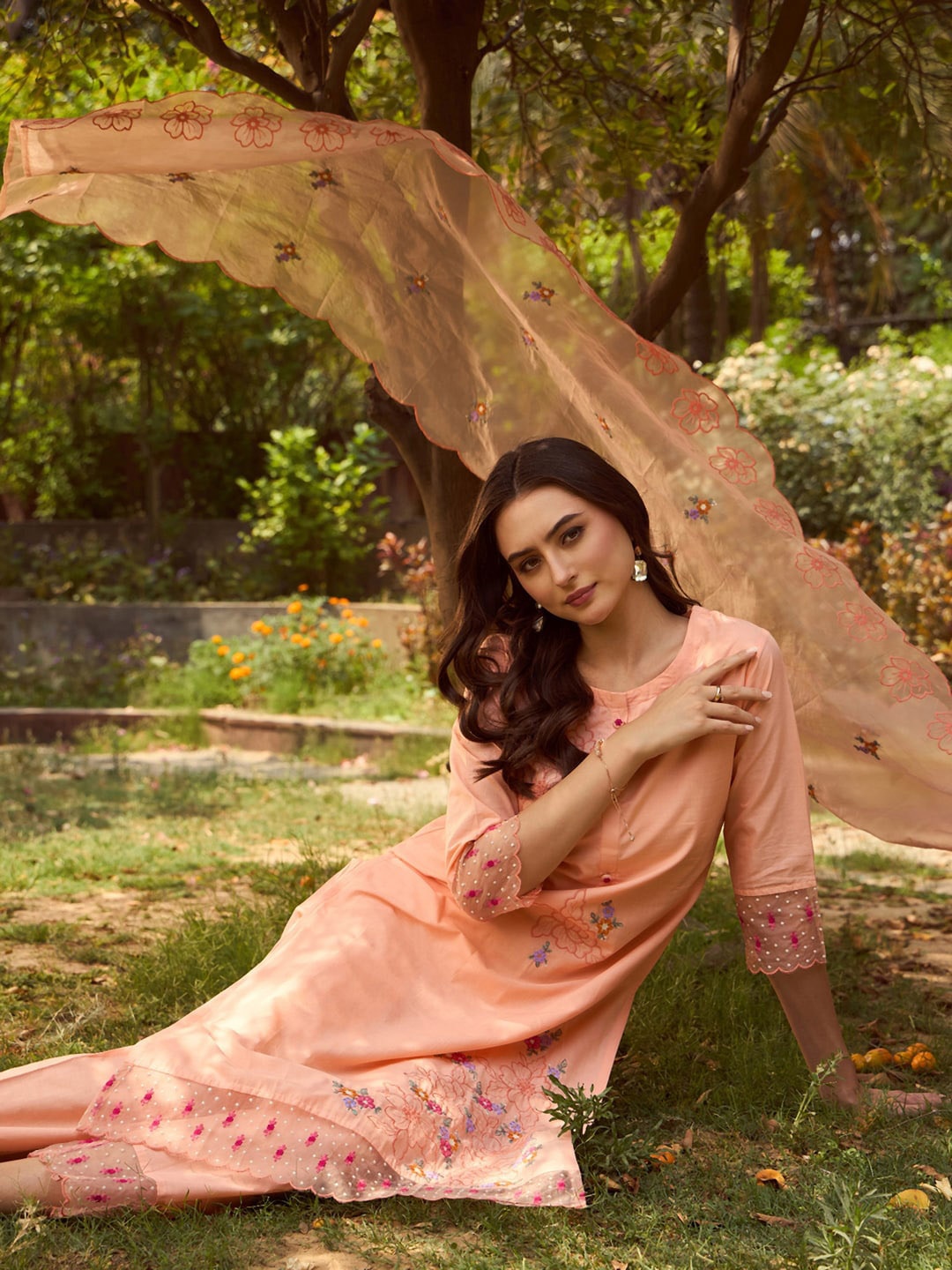 

Indo Era Floral Embroidered Pure Cotton Straight Kurta With Trousers & Dupatta, Peach