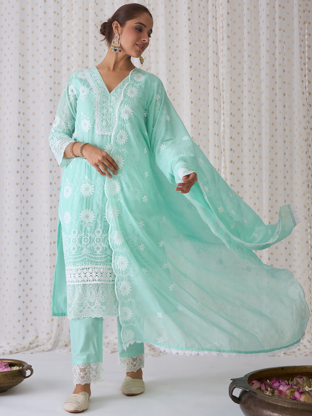 

Indo Era Floral Embroidered Pure Cotton Straight Kurta With Trousers & Dupatta, Sea green