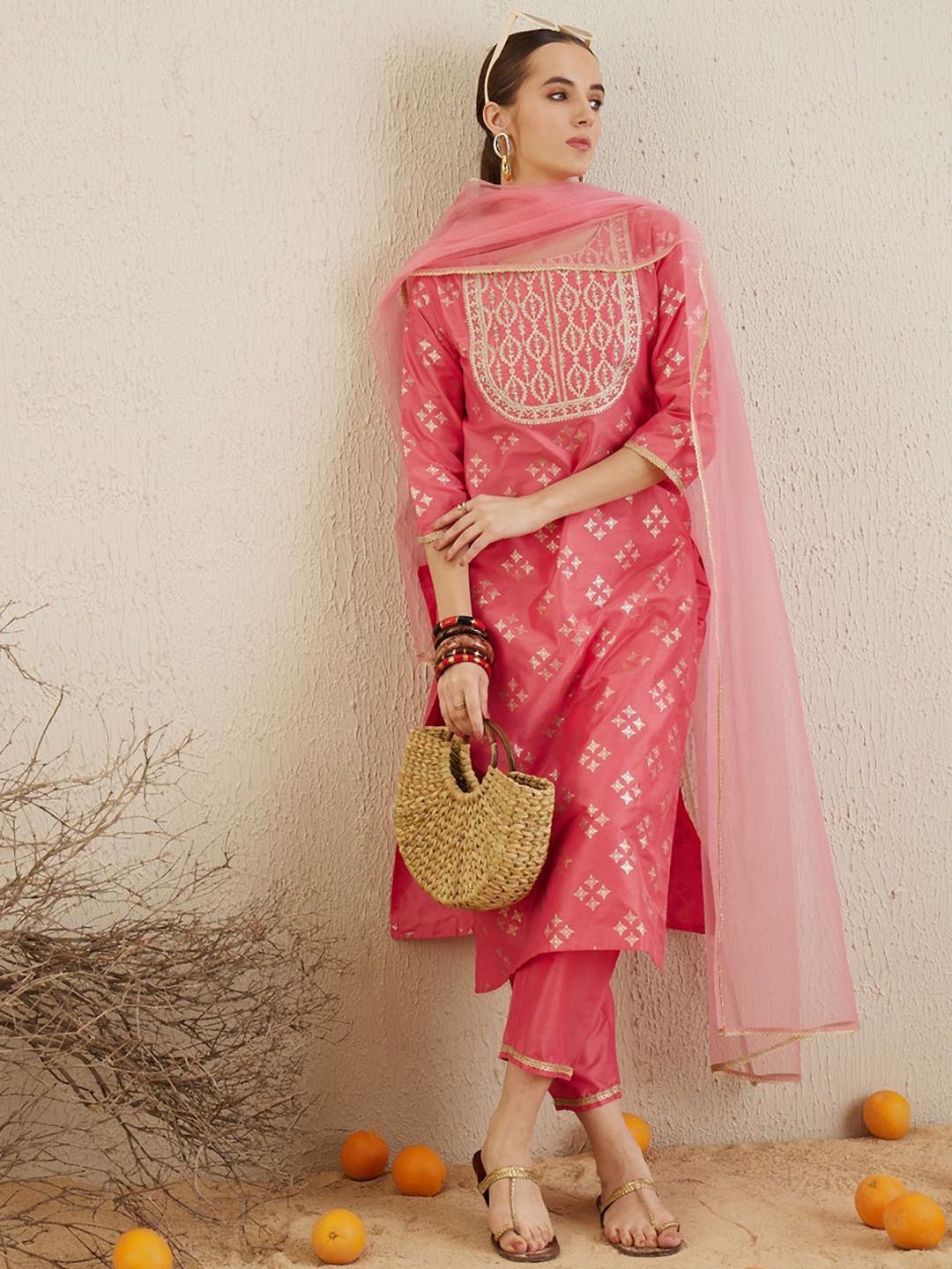

Indo Era Pink Geometric Printed Zari Straight Kurta With Trousers & Dupatta