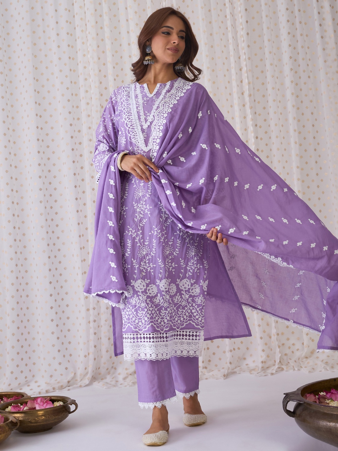 

Indo Era Floral Embroidered Pure Cotton Straight Kurta With Trousers & Dupatta, Purple