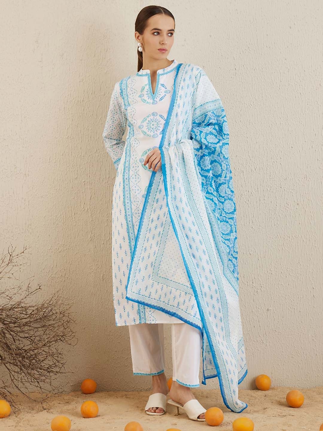 

Indo Era Ethnic Motifs Printed Mandarin Collar Cotton Straight Kurta & Trousers & Dupatta, Off white