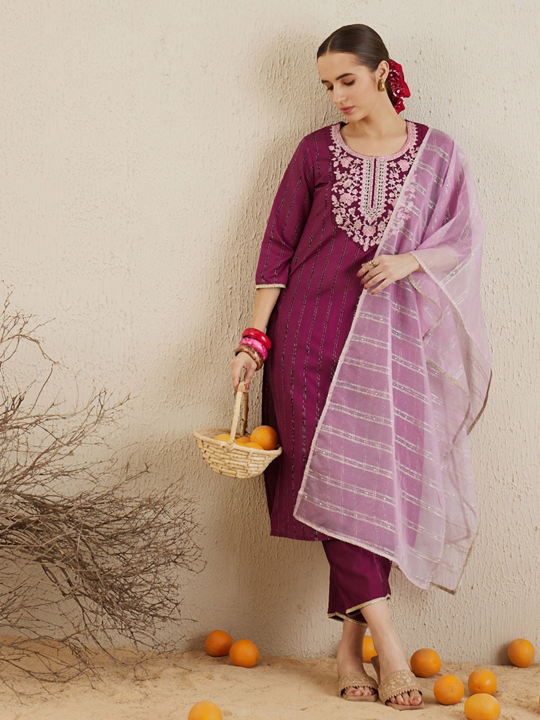 

Indo Era Burgundy Floral Embroidered Thread Work Liva Kurta With Trousers & Dupatta