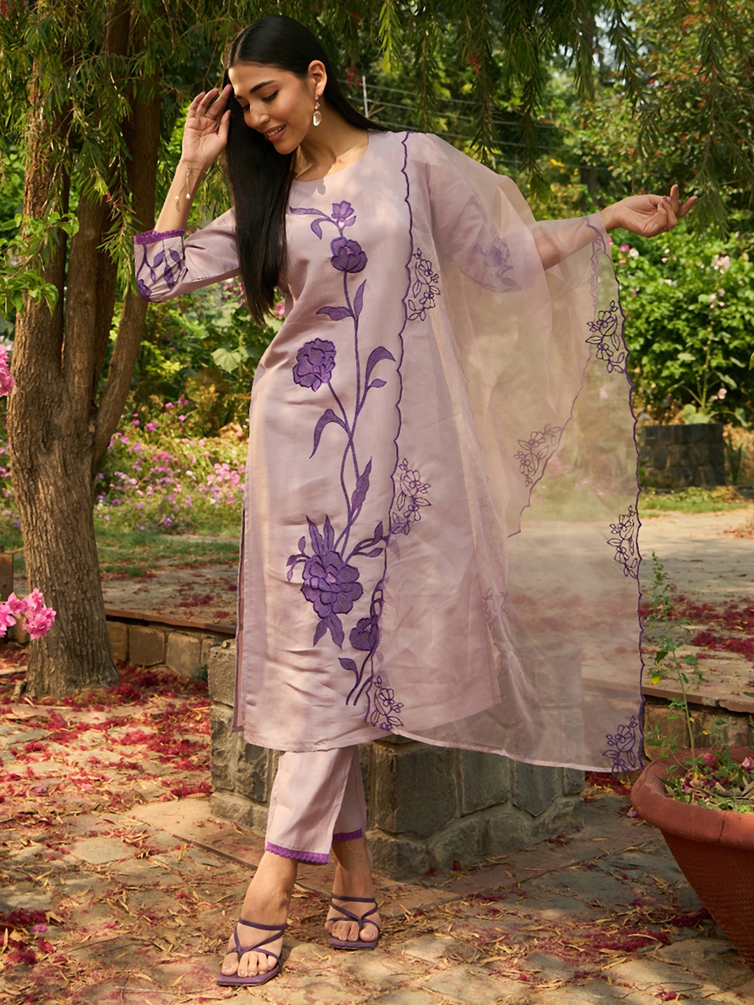 

Indo Era Round Neck Floral Embroidered Kurta with Trouser & Dupatta, Purple