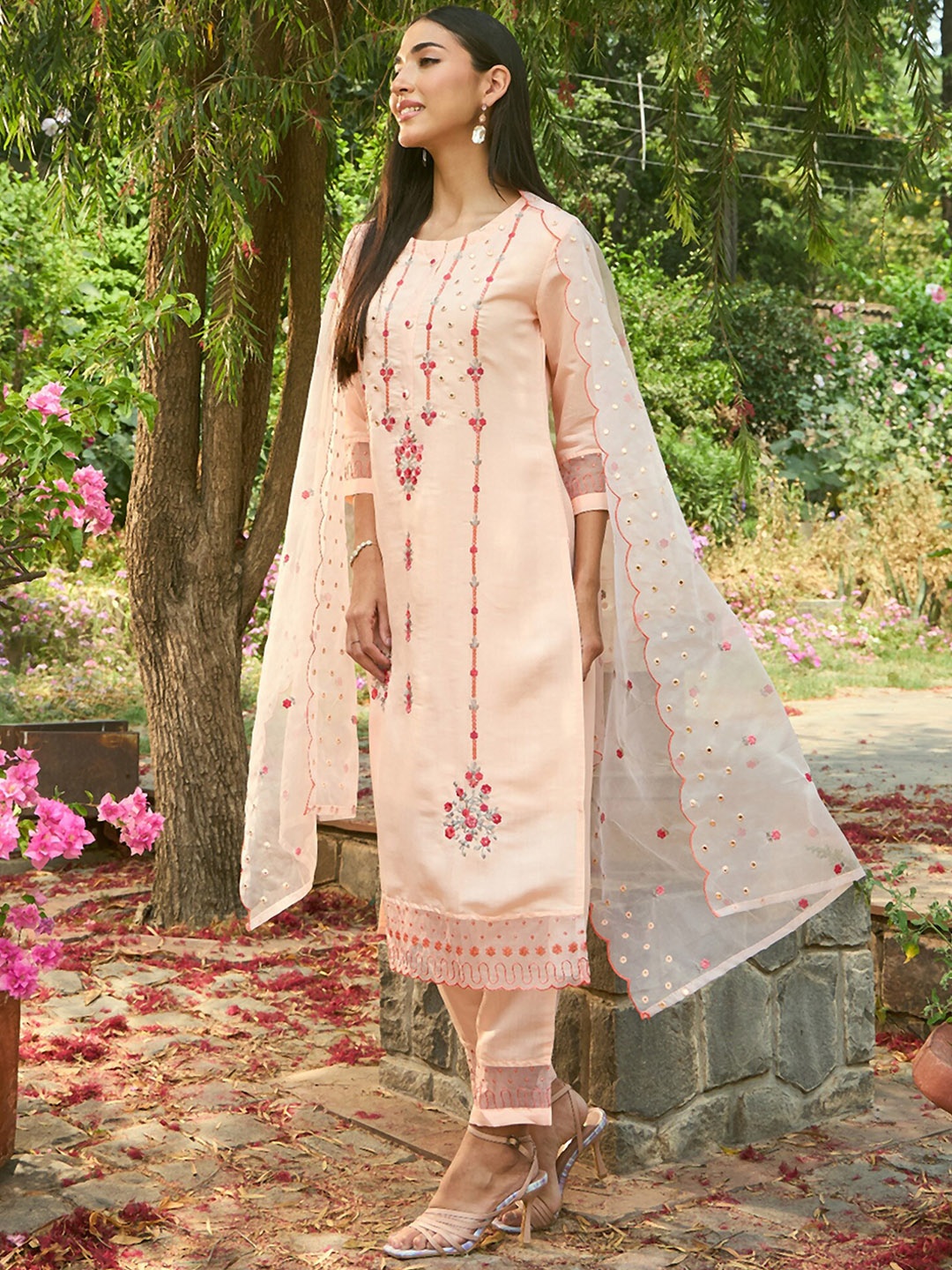 

Indo Era Peach Floral Embroidered Straight Kurta With Trousers & Dupatta