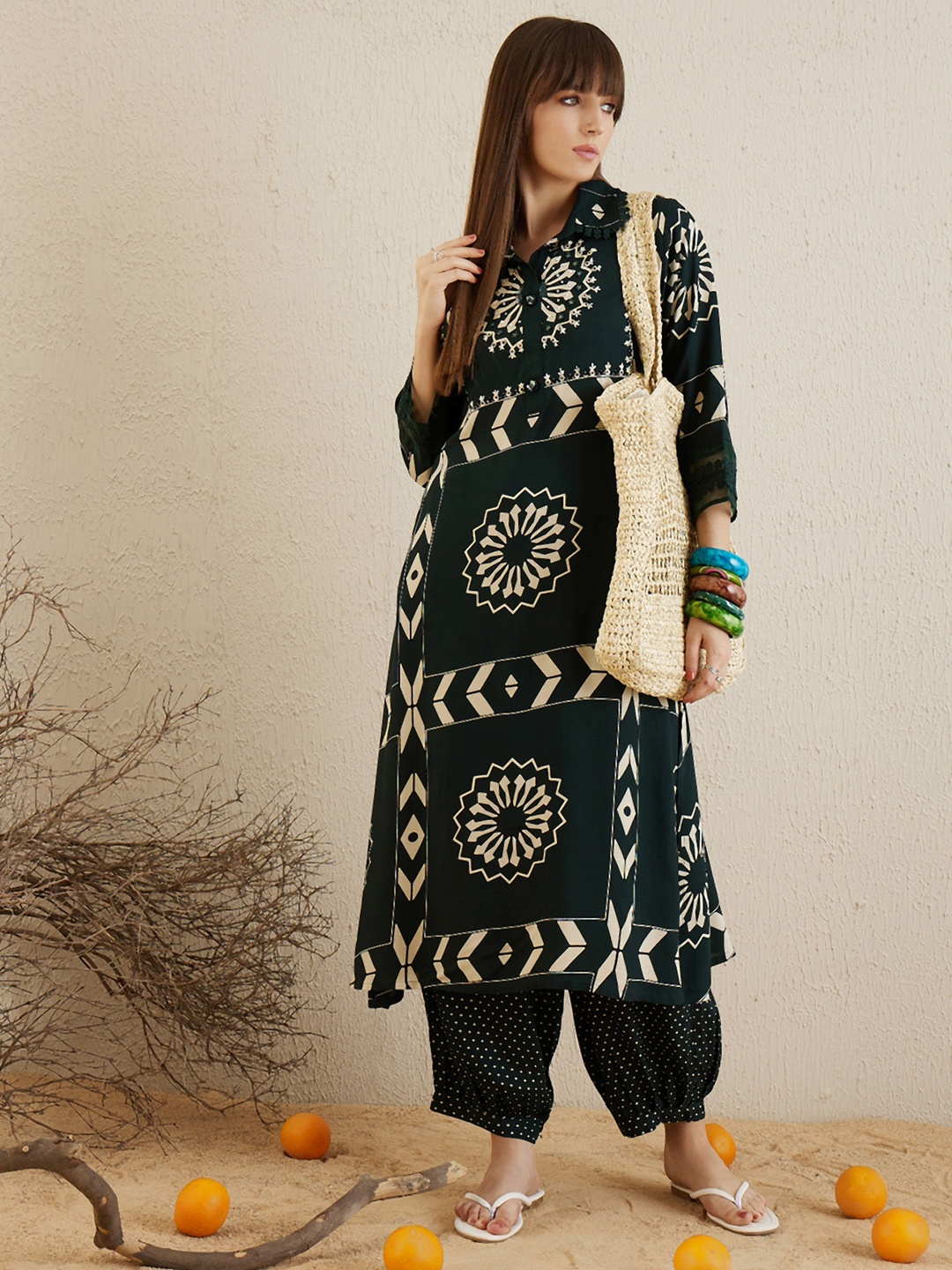 

Indo Era Green Floral Printed Stones & Beads Shirt Collar Straight Kurta with Salwar