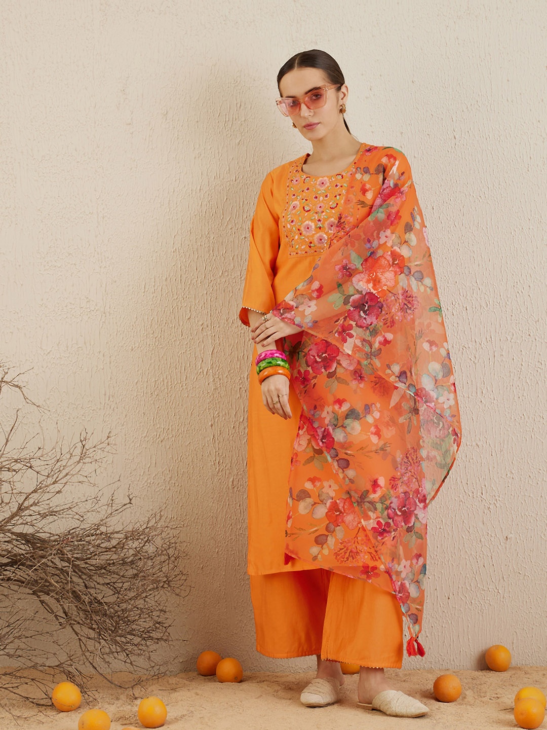

Indo Era Floral Embroidered Straight Liva Straight Kurta With Trousers & Dupatta, Orange