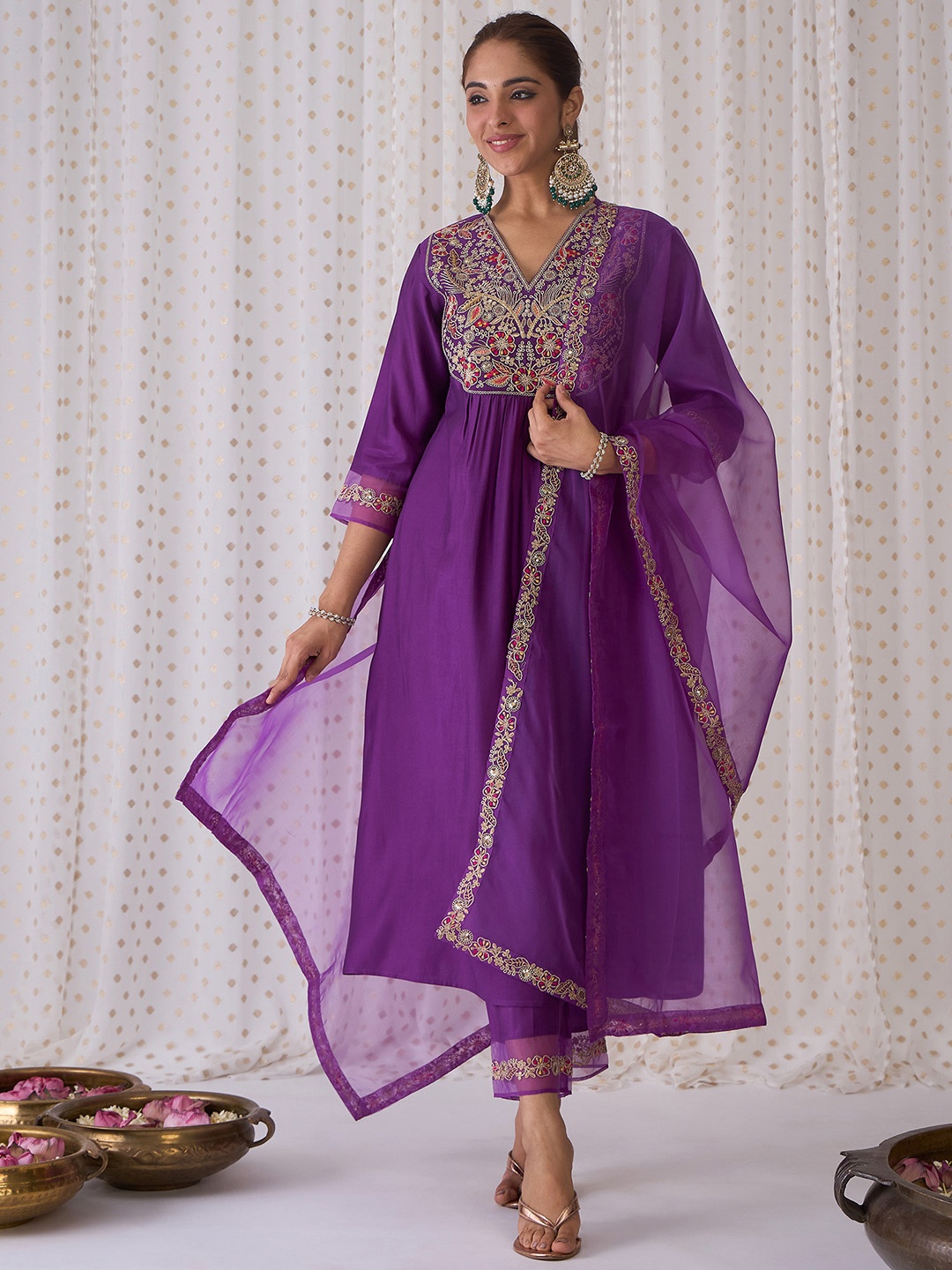 

Indo Era Floral Embroidered Pleated Zari Liva Anarkali Kurta With Trousers & Dupatta, Purple