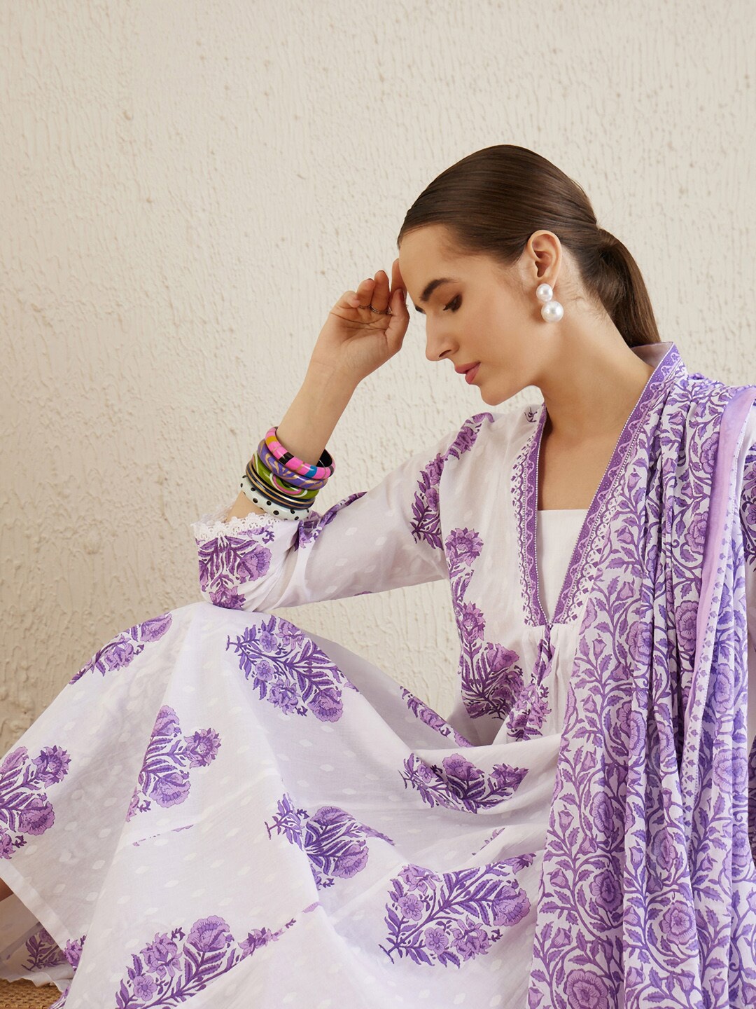

Indo Era V-Neck Floral Printed Panelled Pure Cotton Kurta Set, White