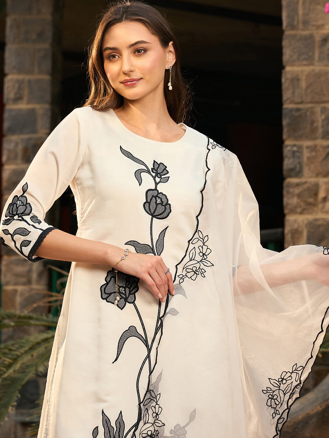 

Indo Era White Floral Embroidered Thread Work Straight Kurta With Trousers & Dupatta
