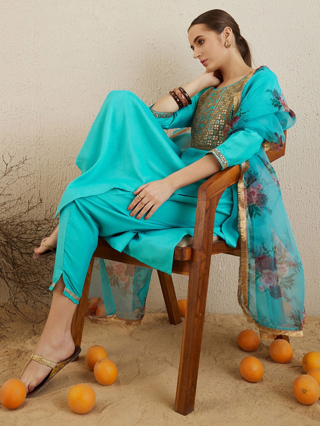 

Indo Era Blue Floral Yoke Design Chanderi Silk Straight Kurta With Trousers & Dupatta
