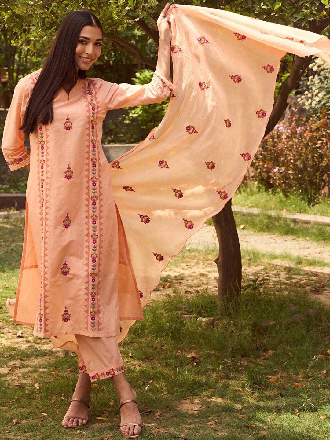 

Indo Era Peach Embroidered Thread Work Pure Cotton Straight Kurta With Trousers & Dupatta
