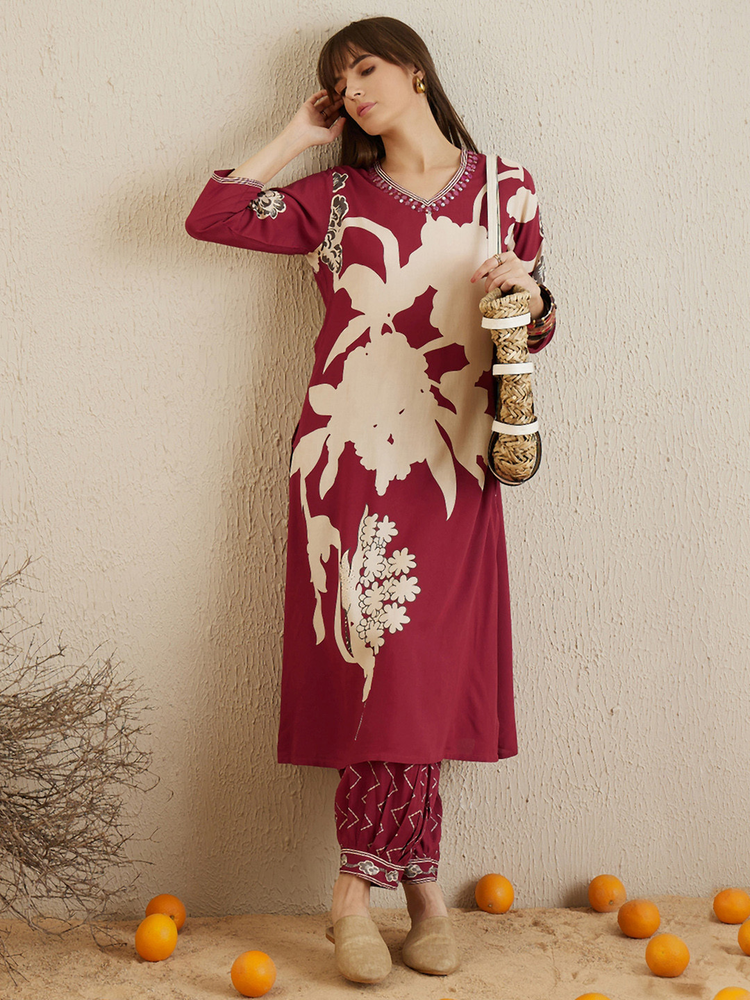 

Indo Era Red Floral Printed Sequinned V-Neck Straight Kurta With Salwar