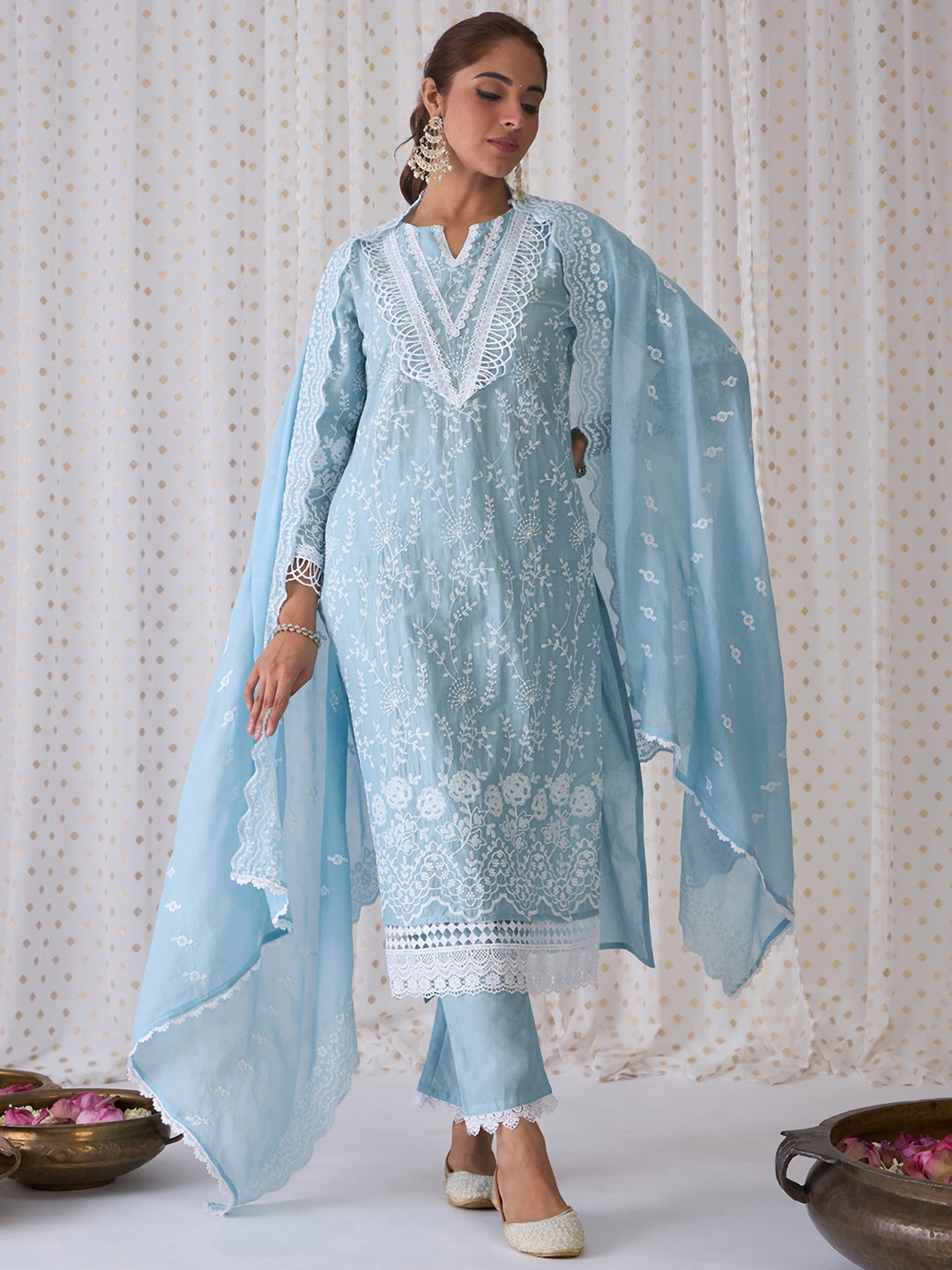 

Indo Era Floral Embroidered Pure Cotton Straight Kurta With Trousers & Dupatta, Blue