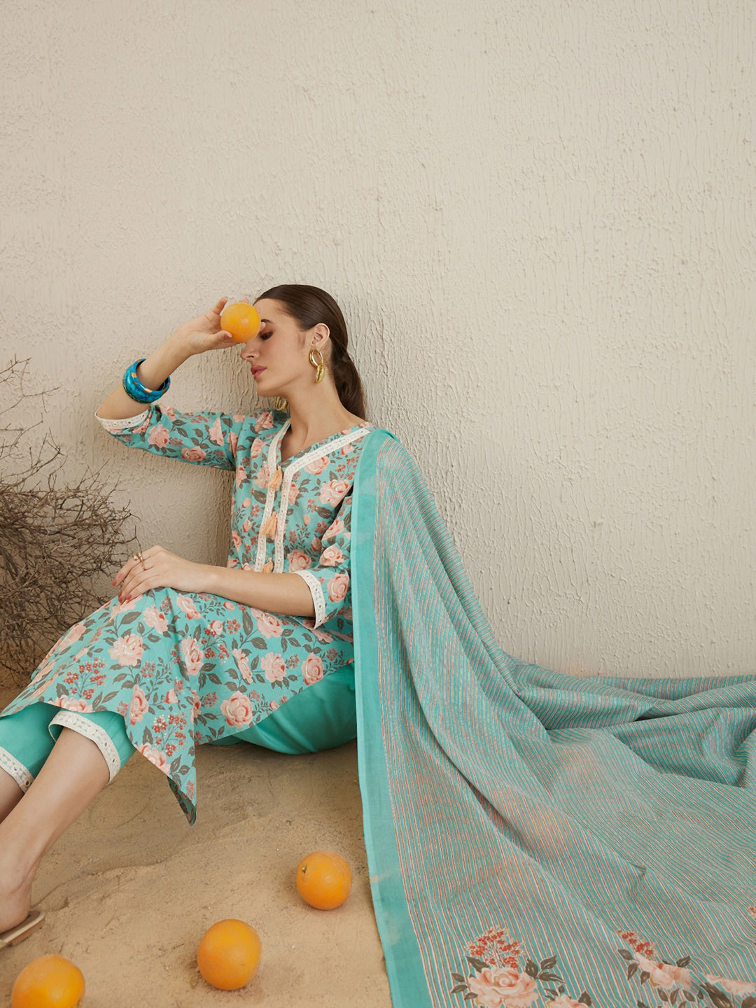 

Indo Era V Neck Floral Printed Mirror Work Pure Cotton Kurta with Trouser & Dupatta, Blue