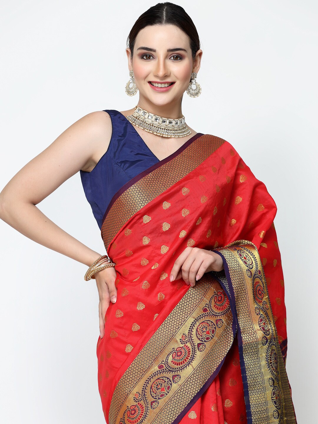 

ISHQY Ethnic Motifs Zari Art Silk Banarasi Saree, Red