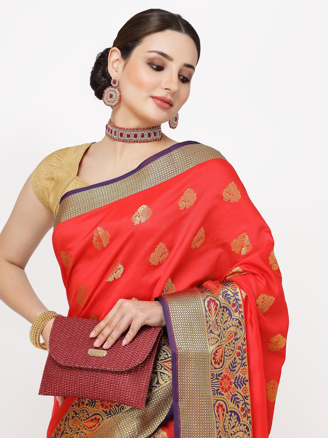 

ISHQY Ethnic Motifs Zari Art Silk Banarasi Saree, Red